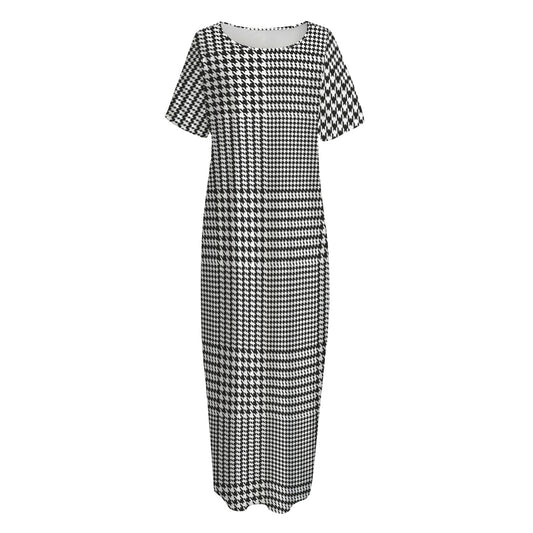 Black And White Glen Plaid Print Short Sleeve Long Nightdress