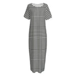 Black And White Glen Plaid Print Short Sleeve Long Nightdress