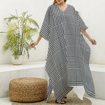 Black And White Glen Plaid Print Silk V-Neck Kaftan Dress