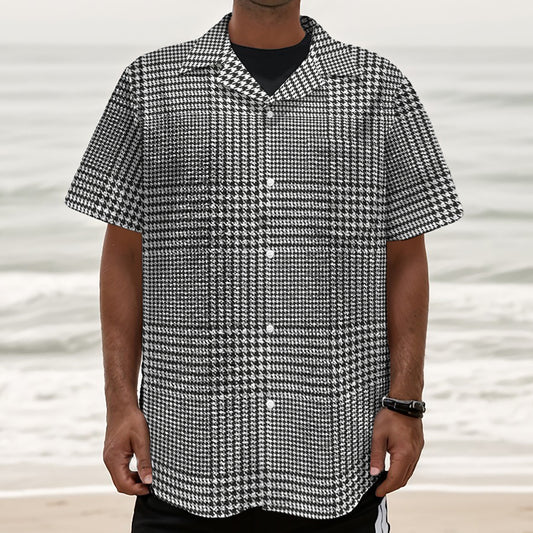 Black And White Glen Plaid Print Textured Short Sleeve Shirt
