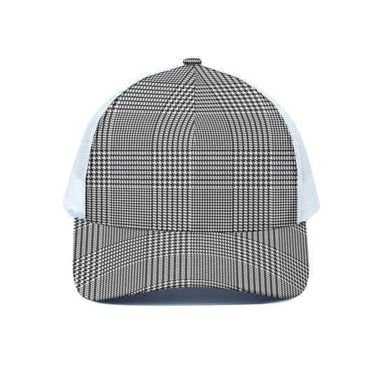 Black And White Glen Plaid Print White Mesh Trucker Cap