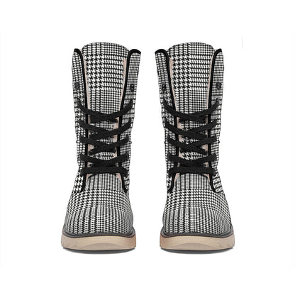 Black And White Glen Plaid Print Winter Boots