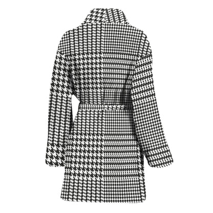 Black And White Glen Plaid Print Women's Bathrobe