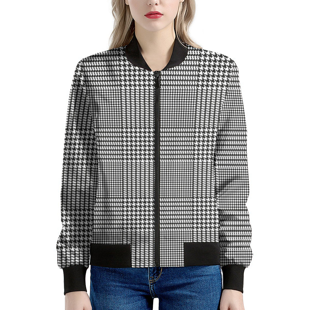 Black And White Glen Plaid Print Women's Bomber Jacket