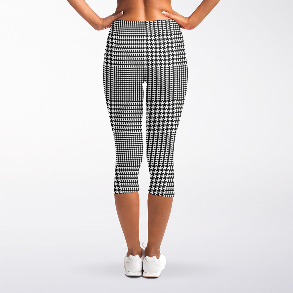 Black And White Glen Plaid Print Women's Capri Leggings