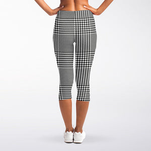 Black And White Glen Plaid Print Women's Capri Leggings