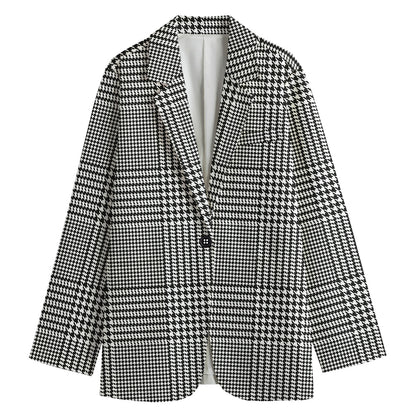 Black And White Glen Plaid Print Women's Cotton Blazer