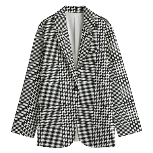 Black And White Glen Plaid Print Women's Cotton Blazer