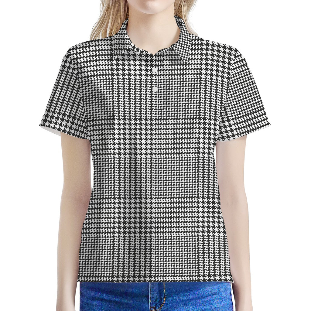 Black And White Glen Plaid Print Women's Polo Shirt