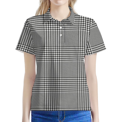 Black And White Glen Plaid Print Women's Polo Shirt
