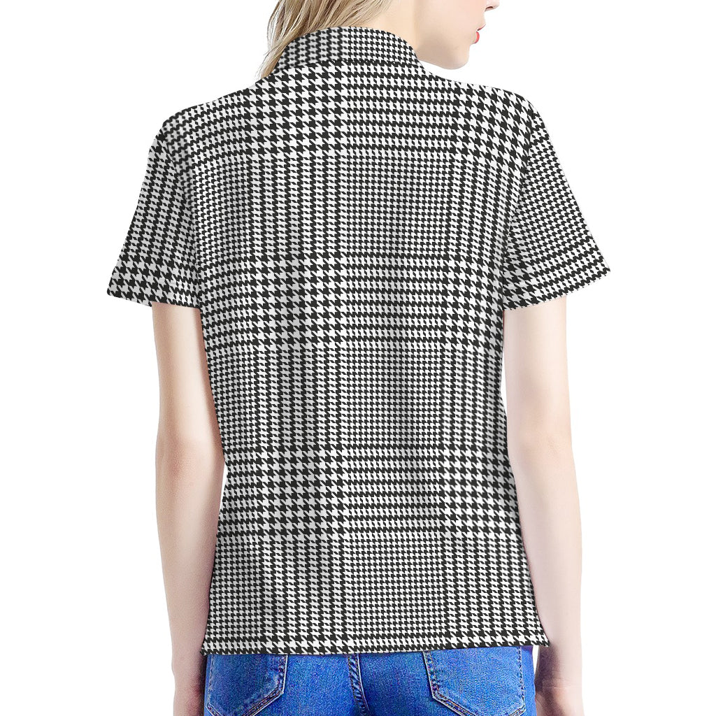 Black And White Glen Plaid Print Women's Polo Shirt
