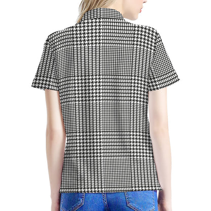 Black And White Glen Plaid Print Women's Polo Shirt