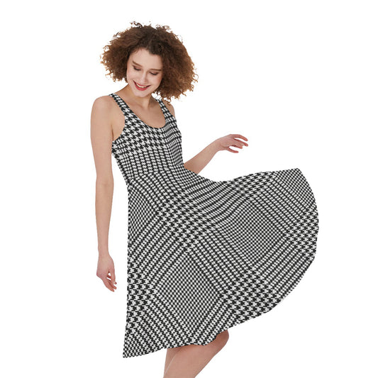 Black And White Glen Plaid Print Women's Sleeveless Dress