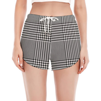 Black And White Glen Plaid Print Women's Split Running Shorts