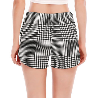 Black And White Glen Plaid Print Women's Split Running Shorts