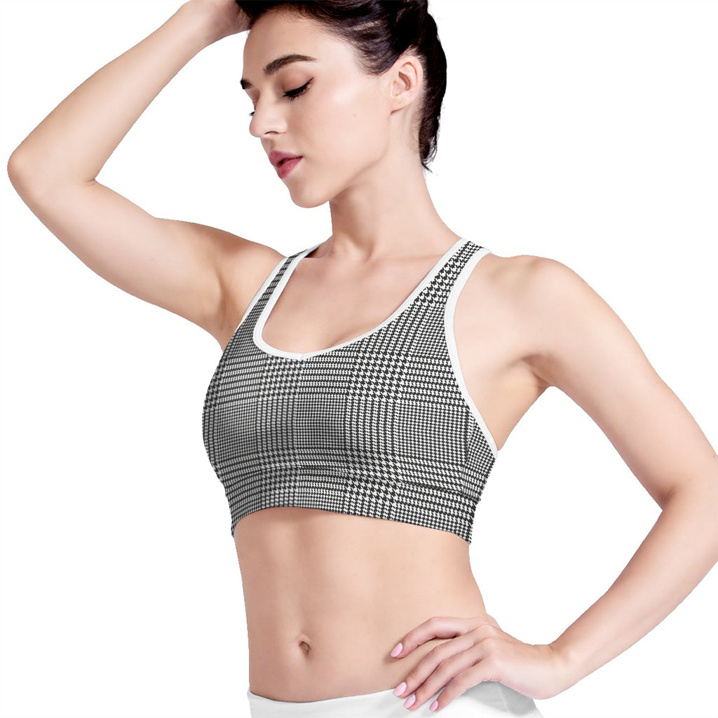 Black And White Glen Plaid Print Women's Sports Bra