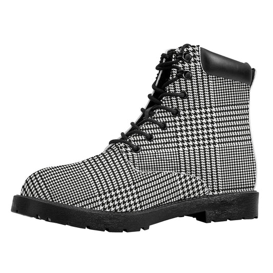 Black And White Glen Plaid Print Work Boots