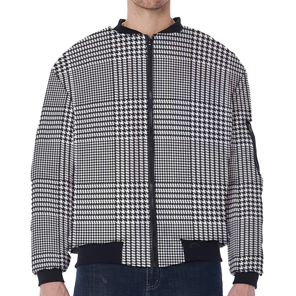 Black And White Glen Plaid Print Zip Sleeve Bomber Jacket