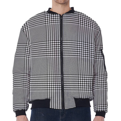 Black And White Glen Plaid Print Zip Sleeve Bomber Jacket