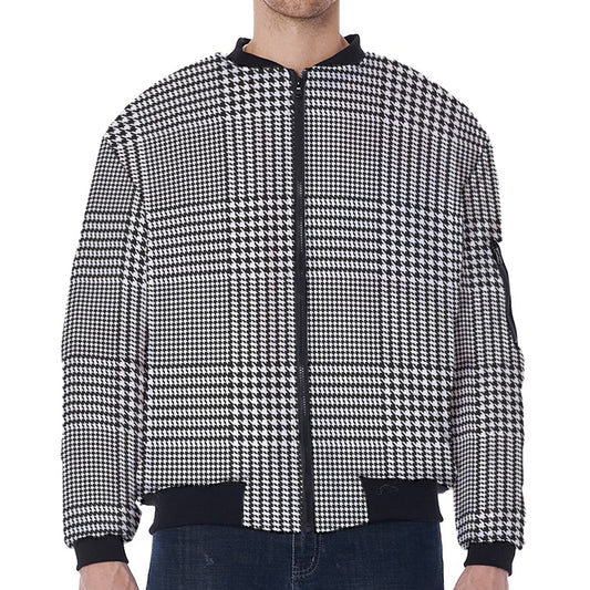 Black And White Glen Plaid Print Zip Sleeve Bomber Jacket