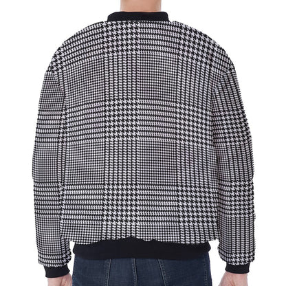 Black And White Glen Plaid Print Zip Sleeve Bomber Jacket
