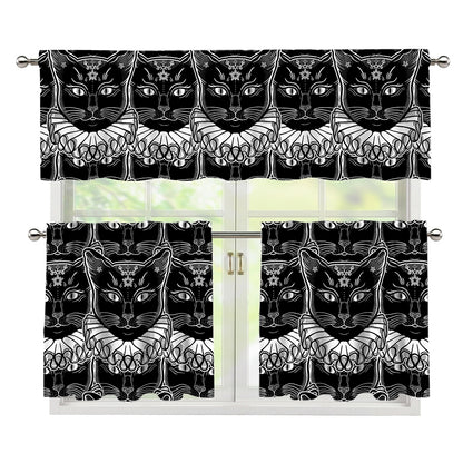 Black And White Gothic Wiccan Cat Print 3 Piece Kitchen Curtains