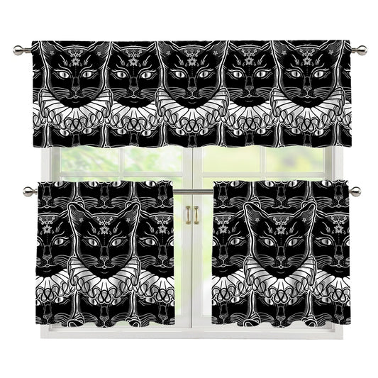 Black And White Gothic Wiccan Cat Print 3 Piece Kitchen Curtains