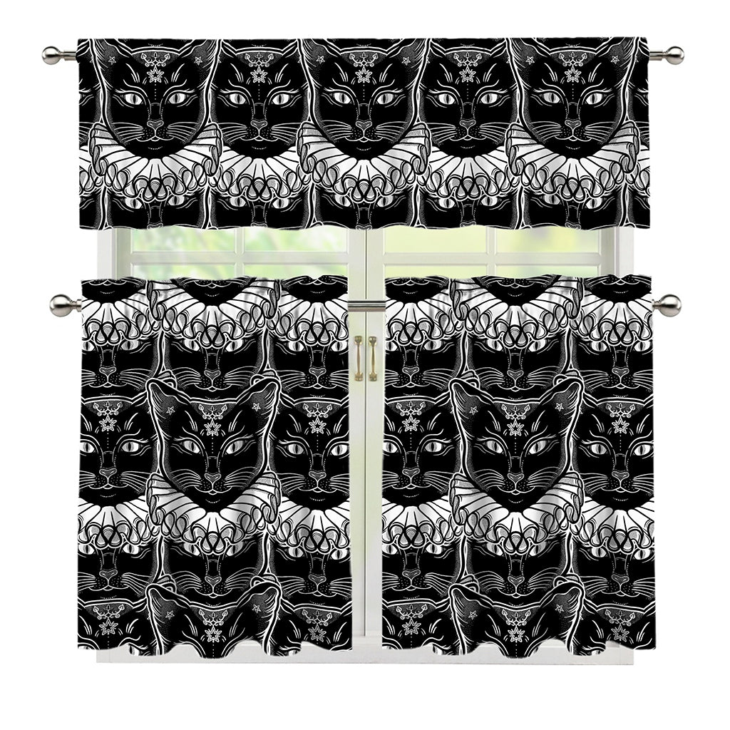Black And White Gothic Wiccan Cat Print 3 Piece Kitchen Curtains