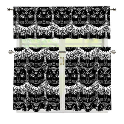 Black And White Gothic Wiccan Cat Print 3 Piece Kitchen Curtains