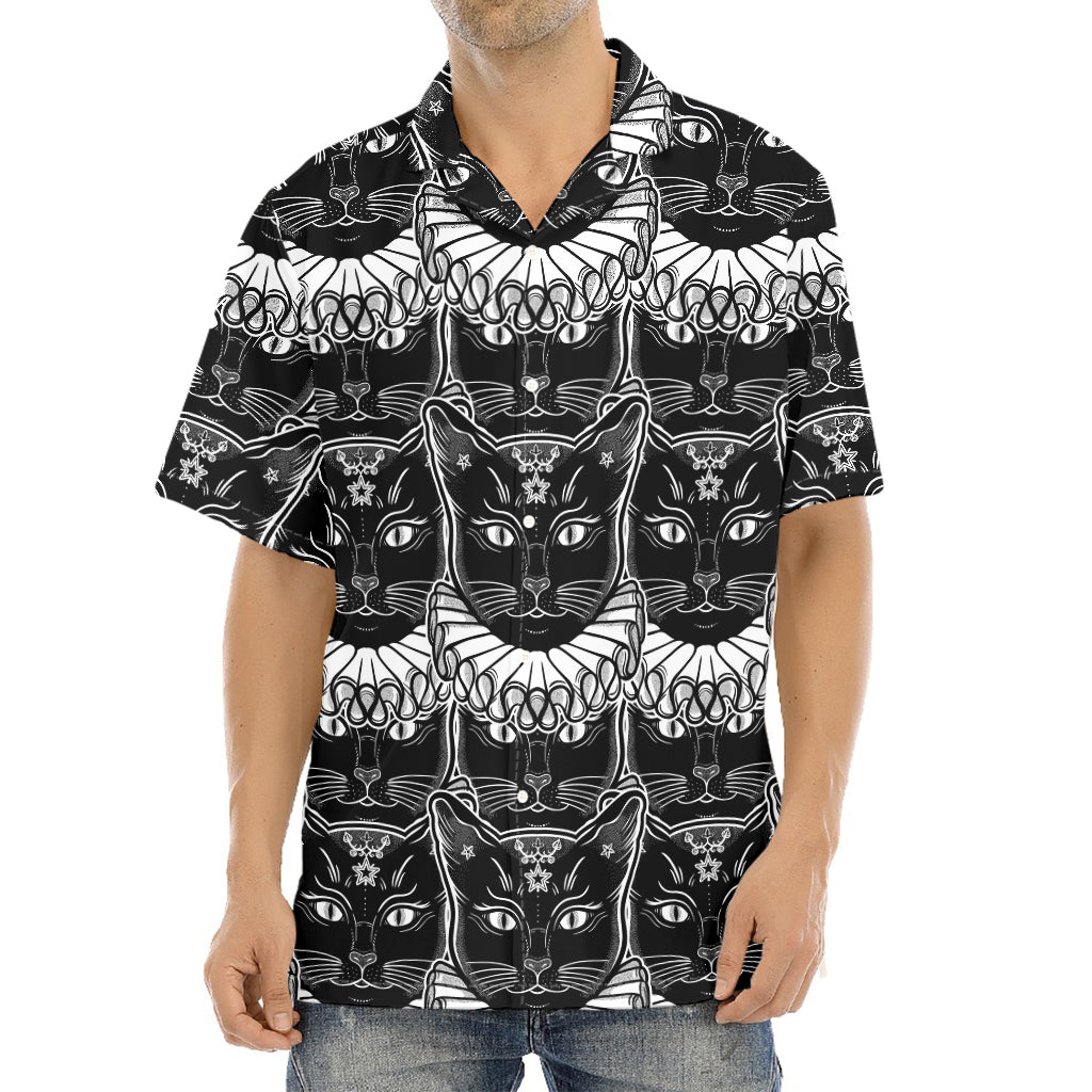 Black And White Gothic Wiccan Cat Print Aloha Shirt
