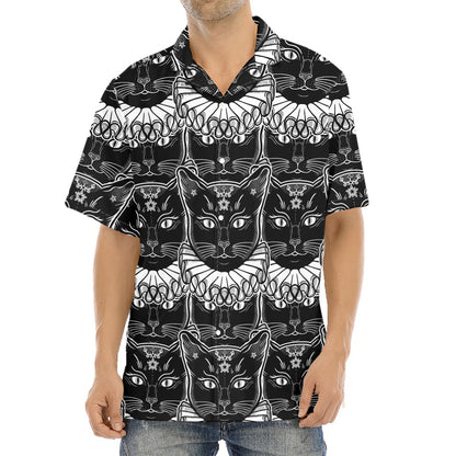 Black And White Gothic Wiccan Cat Print Aloha Shirt