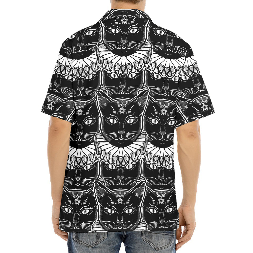 Black And White Gothic Wiccan Cat Print Aloha Shirt