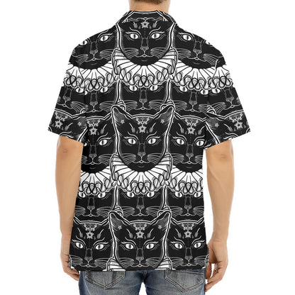 Black And White Gothic Wiccan Cat Print Aloha Shirt