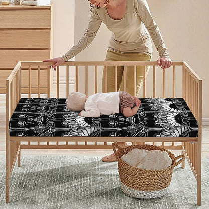 Black And White Gothic Wiccan Cat Print Baby Crib Sheet