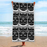 Black And White Gothic Wiccan Cat Print Beach Towel