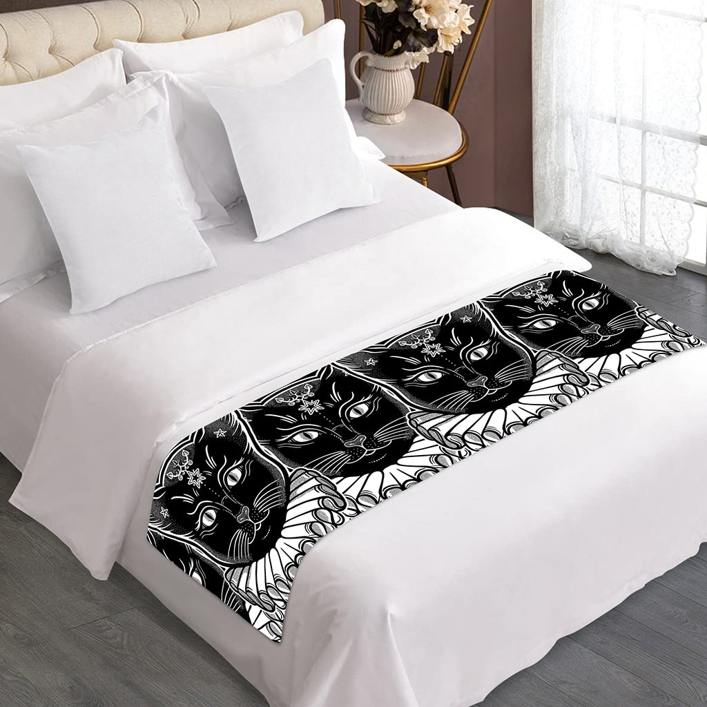 Black And White Gothic Wiccan Cat Print Bed Runner