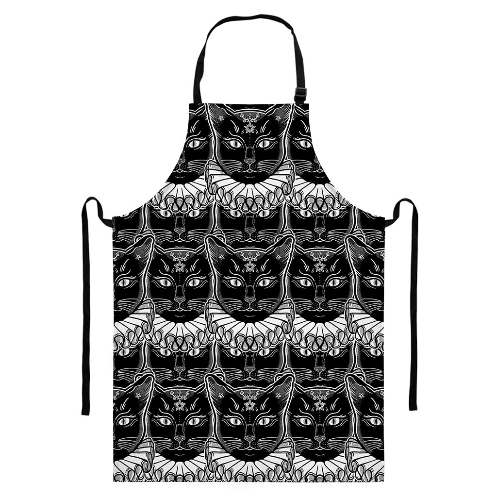 Black And White Gothic Wiccan Cat Print Bib Apron With Pocket