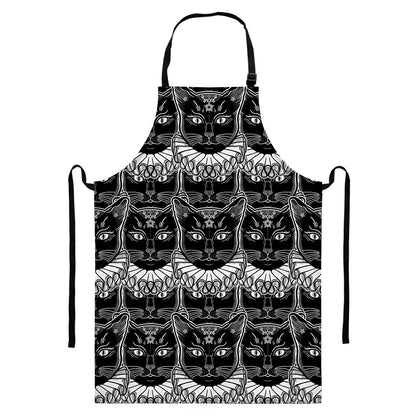 Black And White Gothic Wiccan Cat Print Bib Apron With Pocket