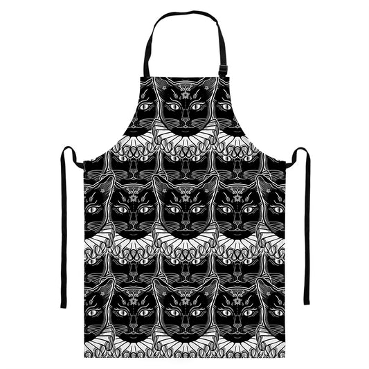 Black And White Gothic Wiccan Cat Print Bib Apron With Pocket