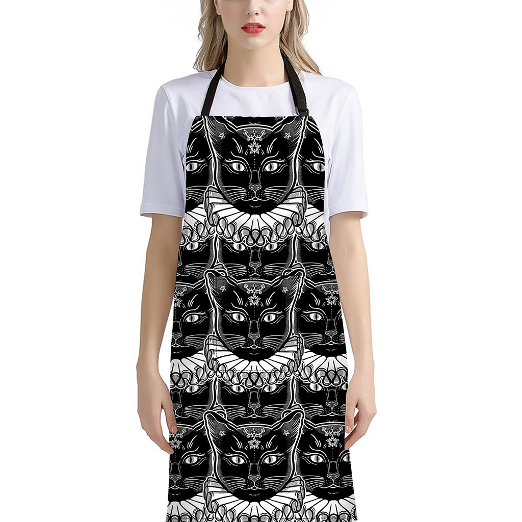 Black And White Gothic Wiccan Cat Print Bib Apron With Pocket
