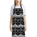 Black And White Gothic Wiccan Cat Print Bib Apron With Pocket