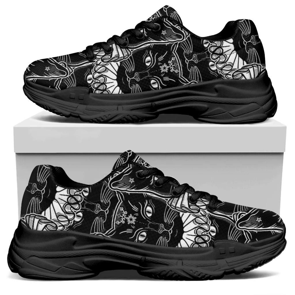 Black And White Gothic Wiccan Cat Print Black Chunky Shoes