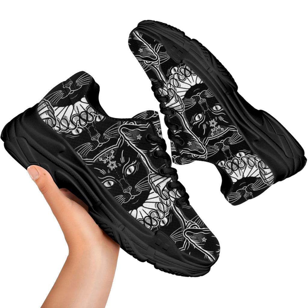 Black And White Gothic Wiccan Cat Print Black Chunky Shoes