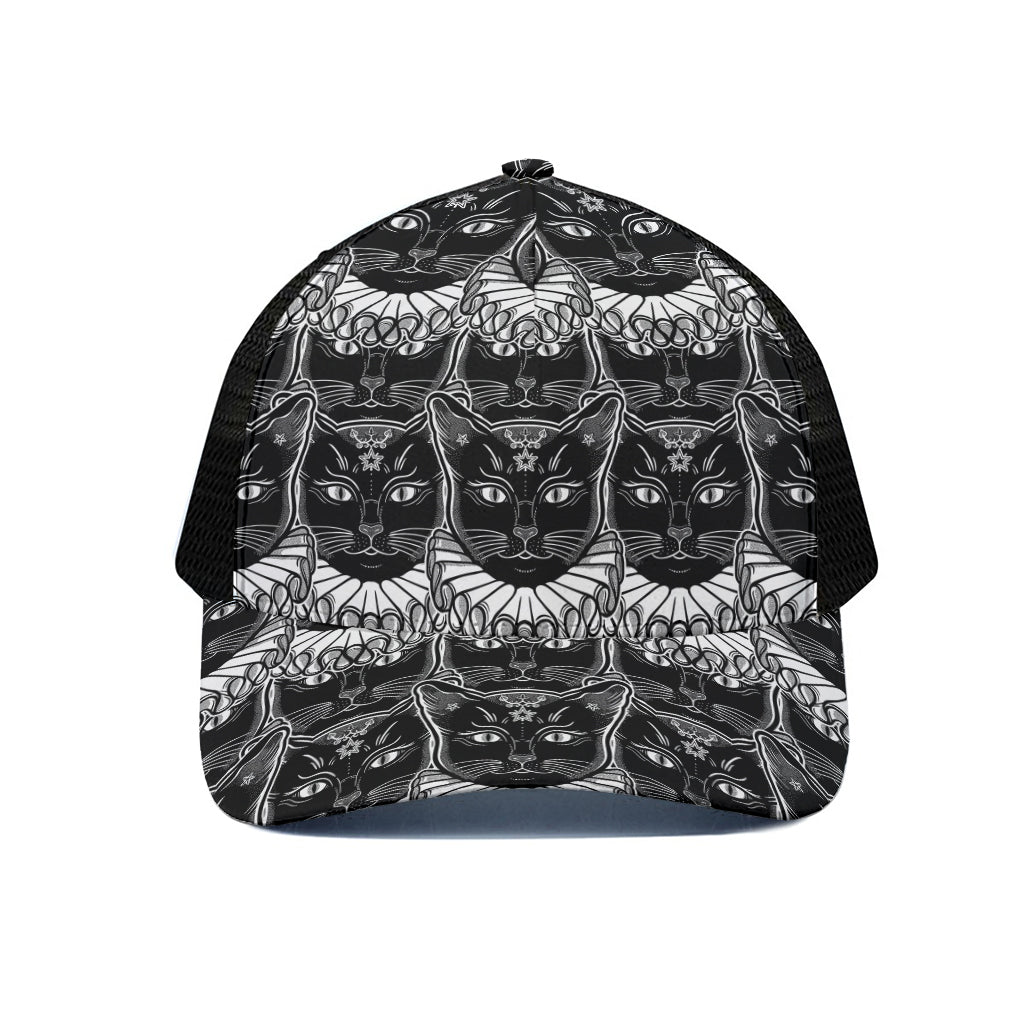 Black And White Gothic Wiccan Cat Print Black Mesh Trucker Cap