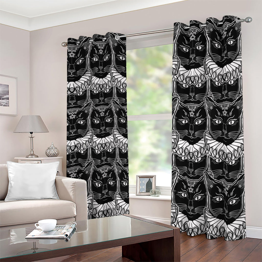 Black And White Gothic Wiccan Cat Print Blackout Grommet Curtains