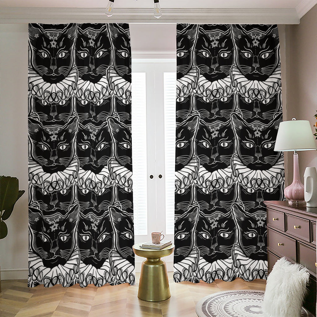 Black And White Gothic Wiccan Cat Print Blackout Pencil Pleat Curtains