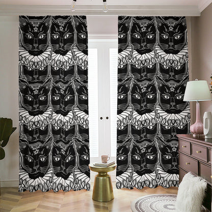 Black And White Gothic Wiccan Cat Print Blackout Pencil Pleat Curtains