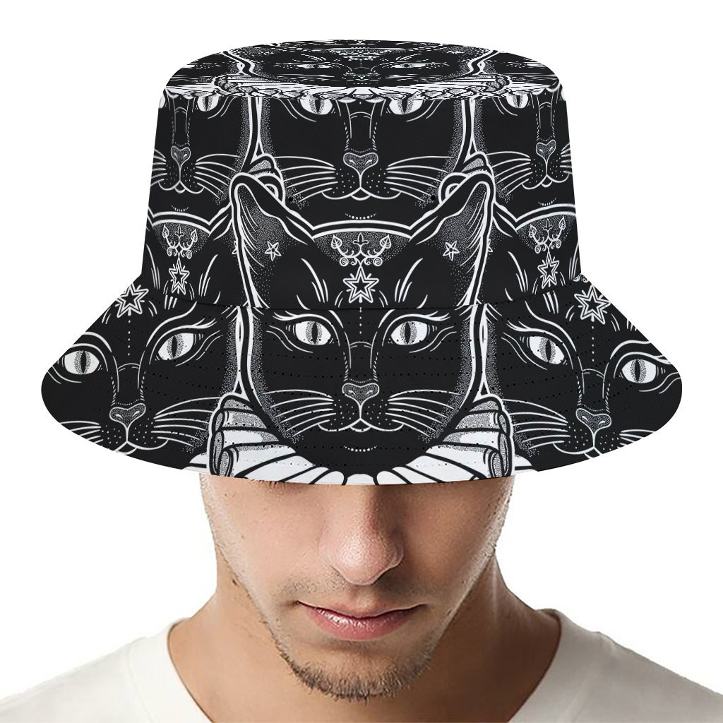 Black And White Gothic Wiccan Cat Print Bucket Hat