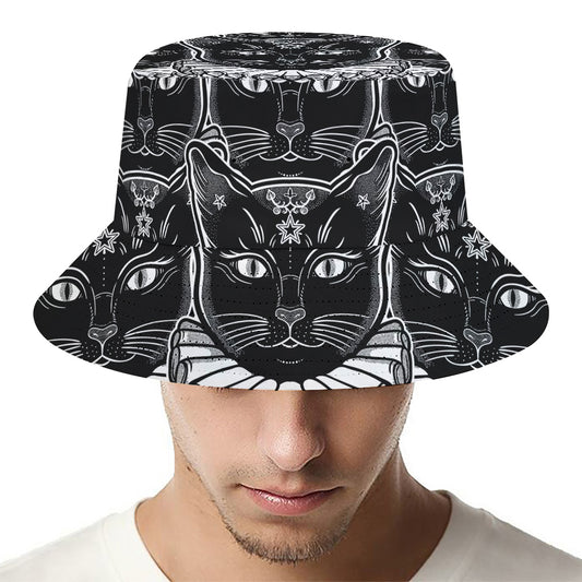 Black And White Gothic Wiccan Cat Print Bucket Hat