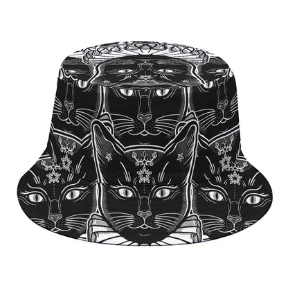 Black And White Gothic Wiccan Cat Print Bucket Hat